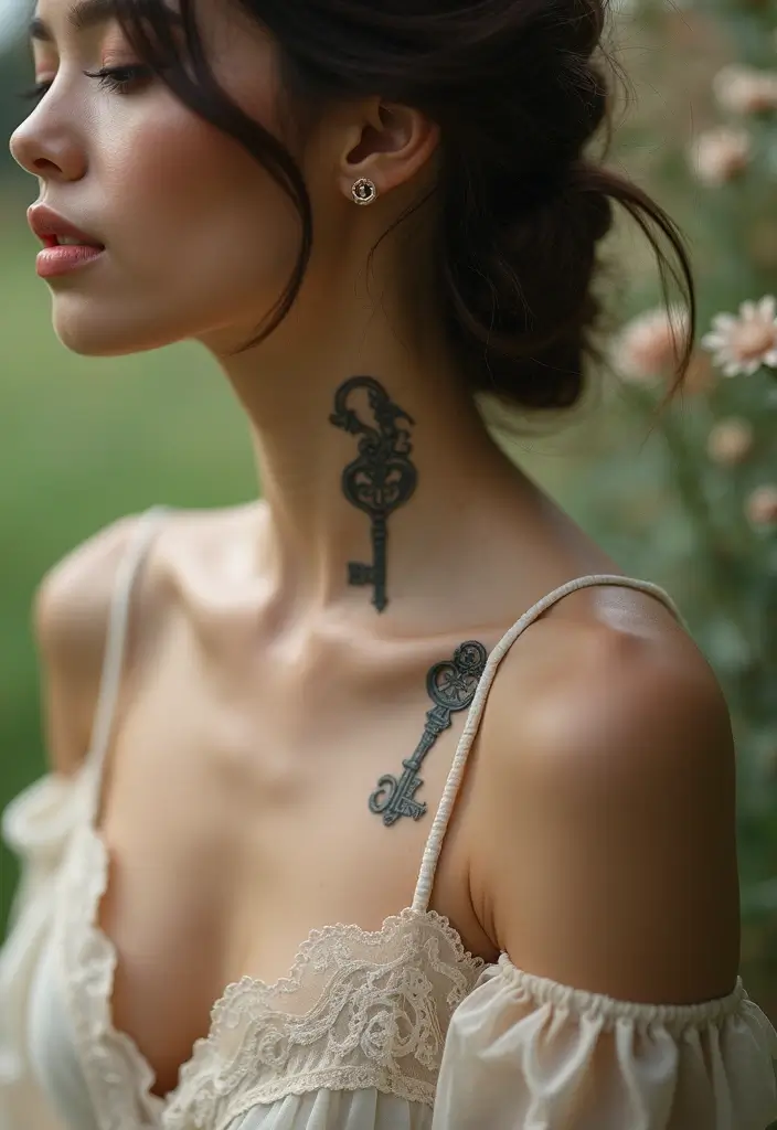27 Neck Tattoos for Women That Look Bold and Classy - 14. Vintage Key