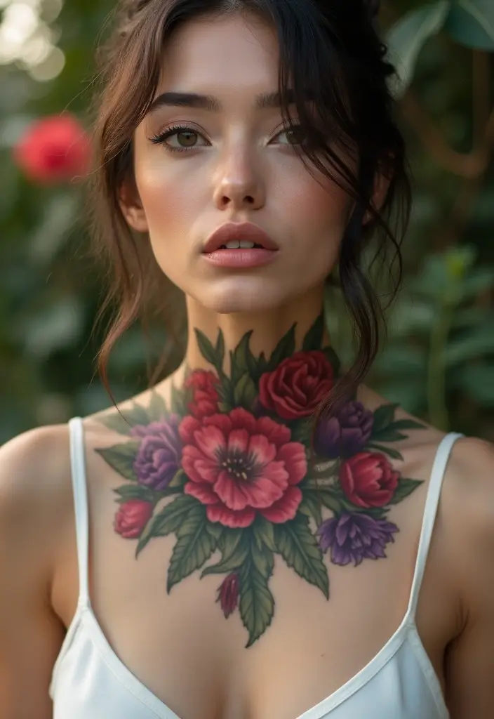 27 Neck Tattoos for Women That Look Bold and Classy - 20. Dramatic Floral Collar