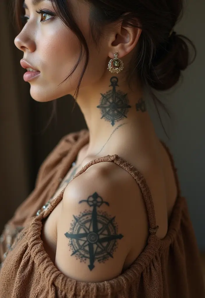 27 Neck Tattoos for Women That Look Bold and Classy - 21. Vintage Compass