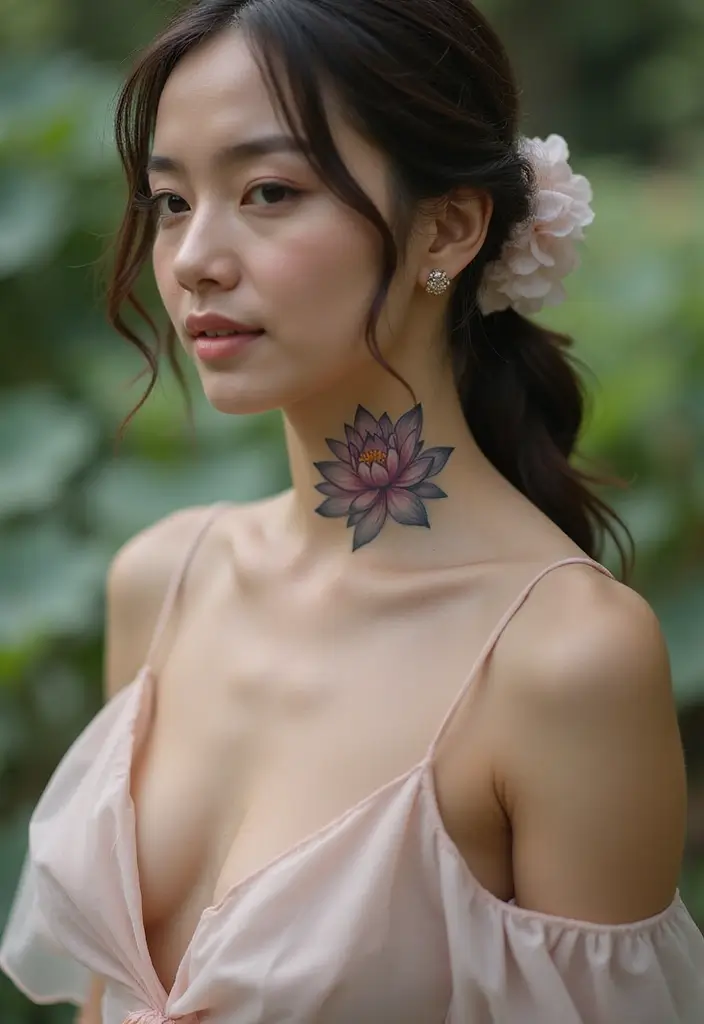 27 Neck Tattoos for Women That Look Bold and Classy - 3. Lotus Blossom Elegance