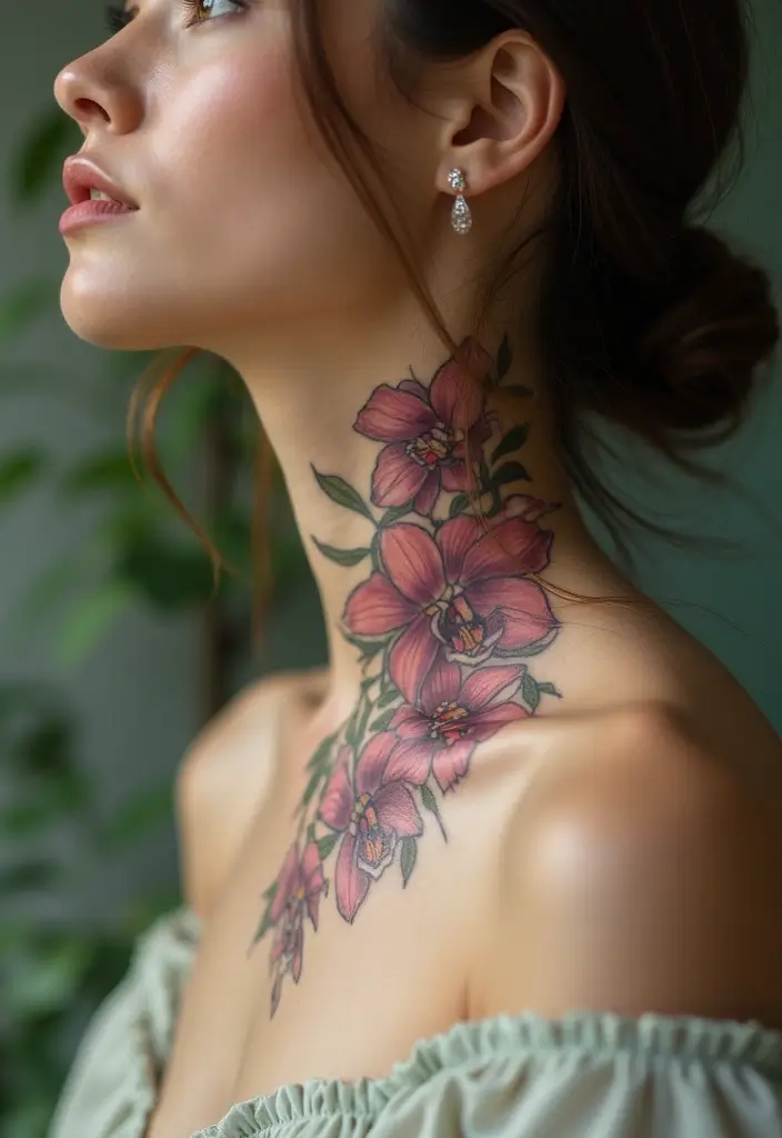 27 Neck Tattoos for Women That Look Bold and Classy - 6. Orchid Embrace
