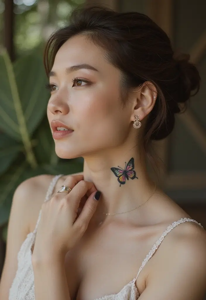 27 Neck Tattoos for Women That Look Bold and Classy - 8. Butterfly Whispers
