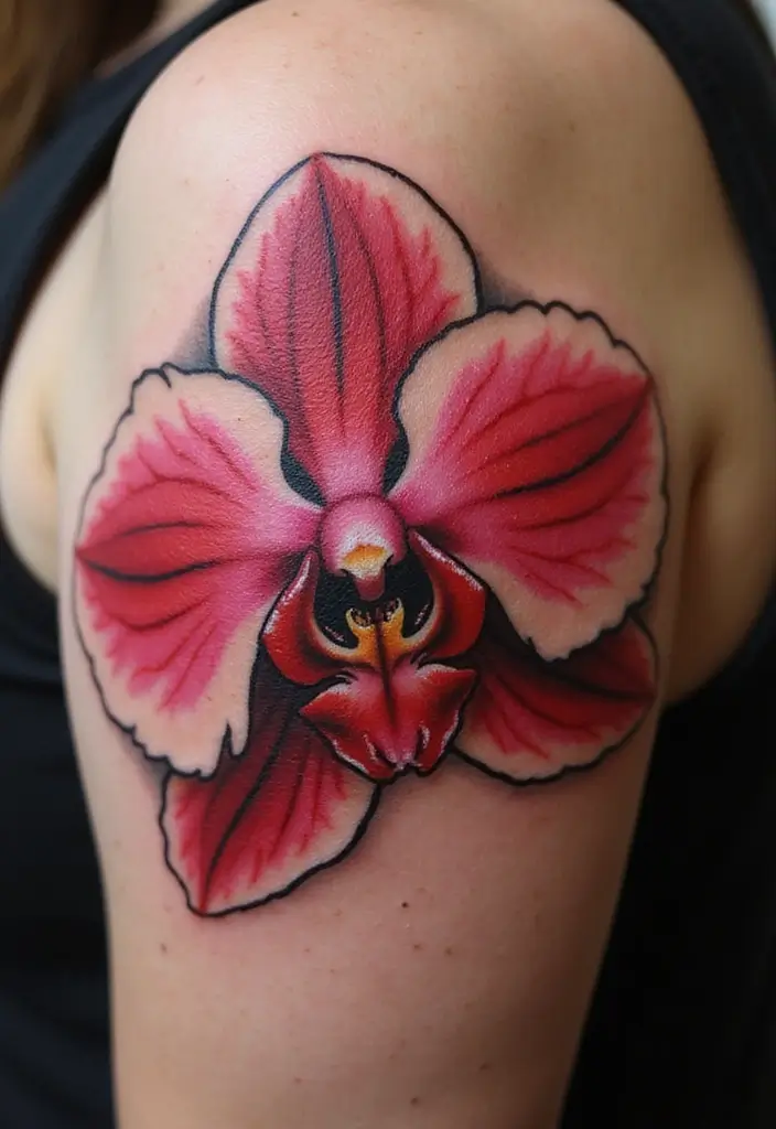 27 Red Tattoos for Women That Capture Attention Instantly - 17. Stunning Red Orchid