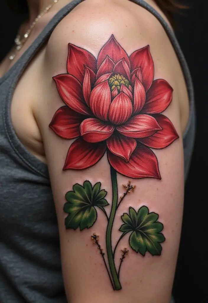 27 Red Tattoos for Women That Capture Attention Instantly - 9. Elegant Red Lotus