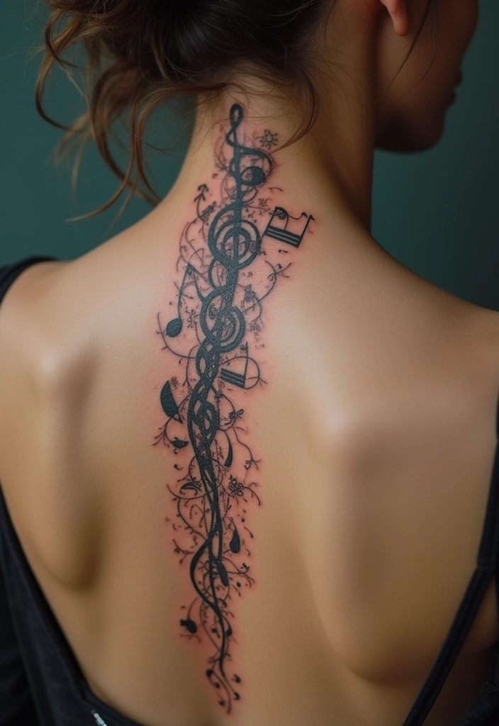 27 Unique Spine Tattoos for Women with Creative Designs - 14. Musical Notes