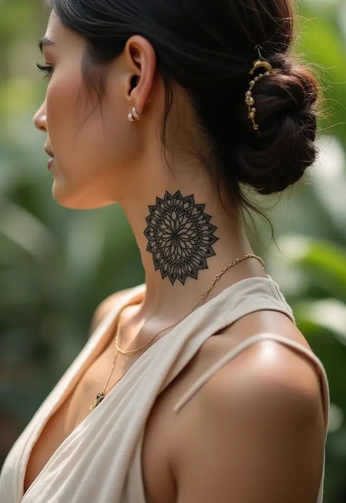 28 Behind the Neck Tattoos for Women That Look Trendy - 11. Mandala Designs