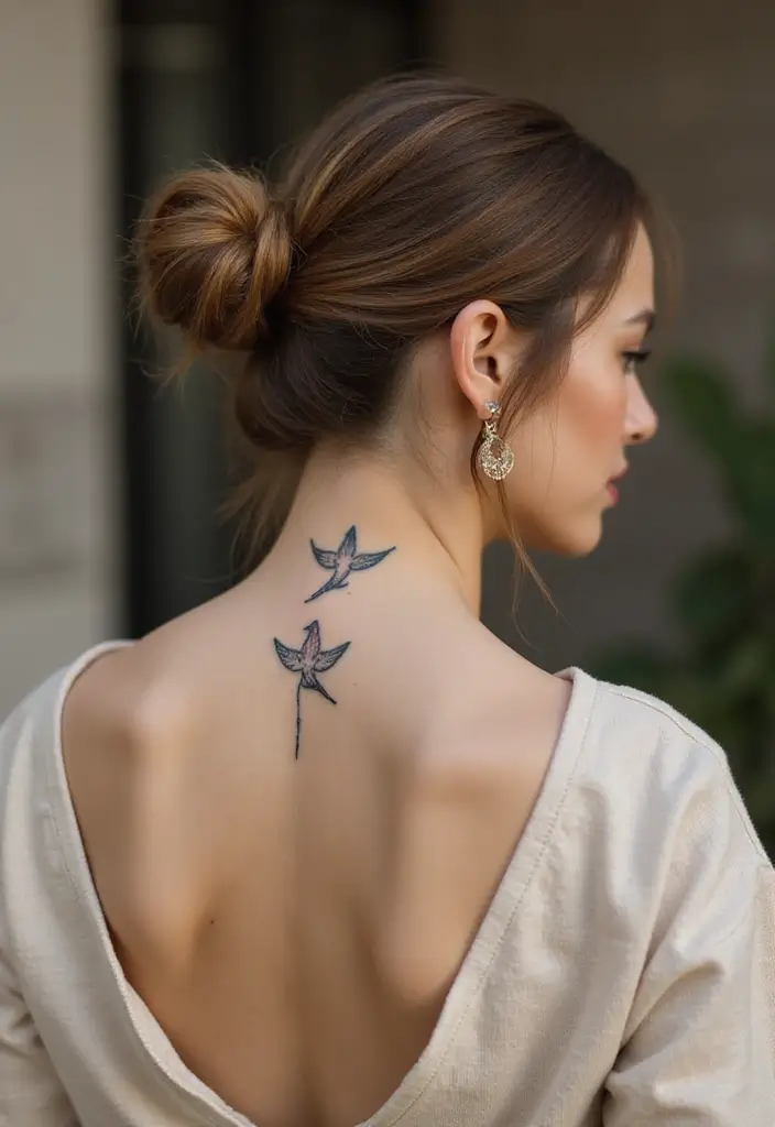 28 Behind the Neck Tattoos for Women That Look Trendy - 16. Minimalist Birds