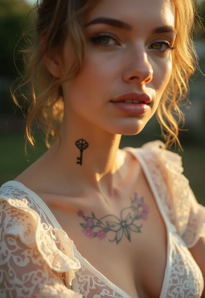 28 Behind the Neck Tattoos for Women That Look Trendy - 17. Small Keys