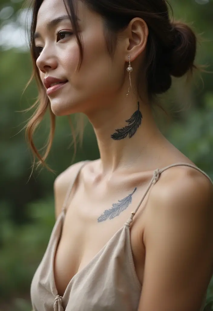 28 Behind the Neck Tattoos for Women That Look Trendy - 20. Subtle Feather Tattoos
