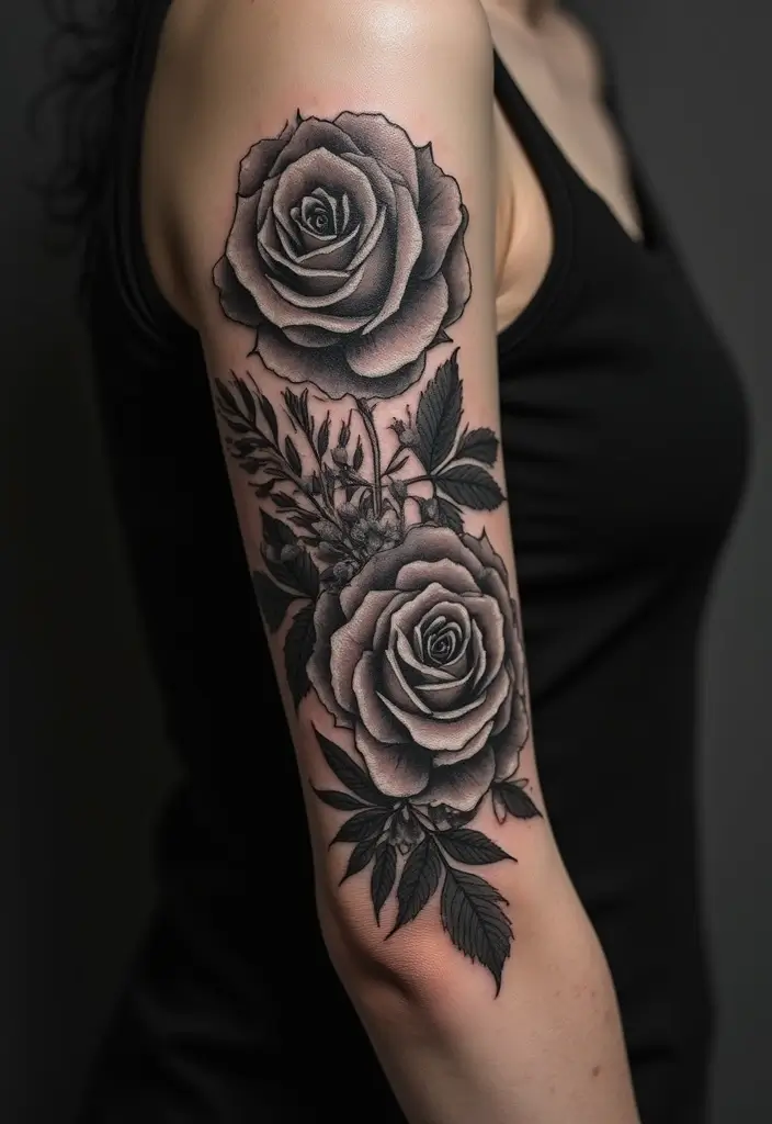 28 Black and Grey Sleeve Tattoos That Look Bold and Realistic - 1. Elegant Rose Sleeve