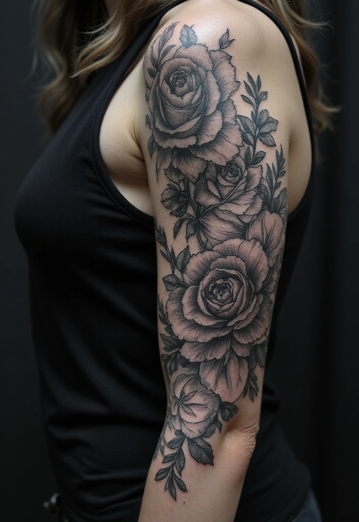 28 Black and Grey Sleeve Tattoos That Look Bold and Realistic - 10. Gothic Floral Design