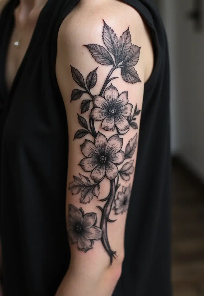 28 Black and Grey Sleeve Tattoos That Look Bold and Realistic - 16. Nature’s Patterns