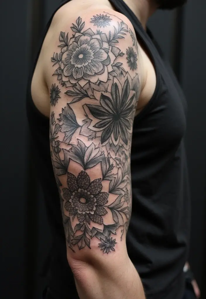 28 Black and Grey Sleeve Tattoos That Look Bold and Realistic - 17. Floral Geometric Fusion