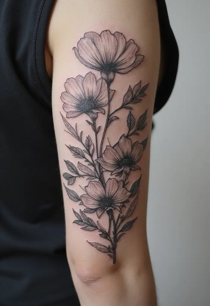 28 Black and Grey Sleeve Tattoos That Look Bold and Realistic - 20. Floral Botanical Sketch