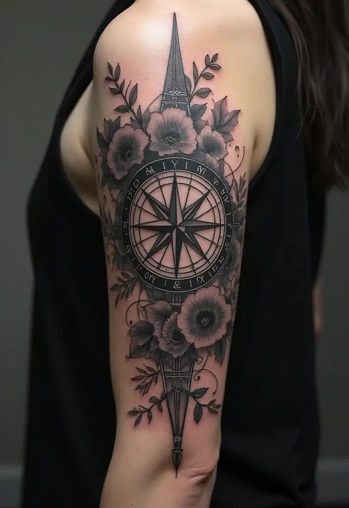 28 Black and Grey Sleeve Tattoos That Look Bold and Realistic - 23. Intricate Floral Compass