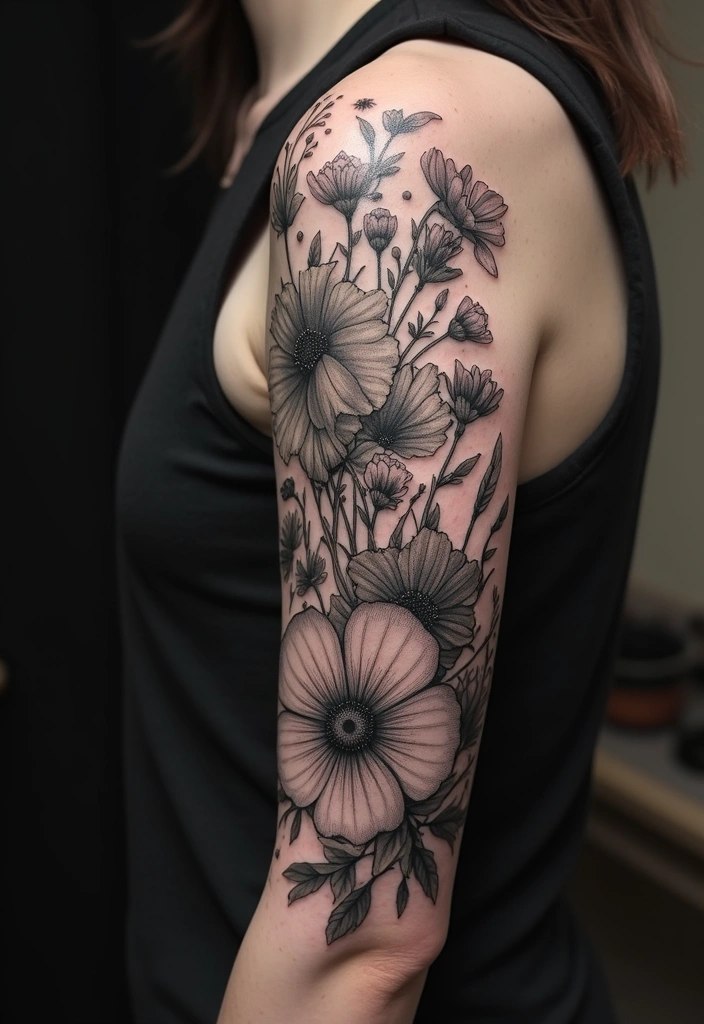28 Black and Grey Sleeve Tattoos That Look Bold and Realistic - 4. Wildflower Bouquet