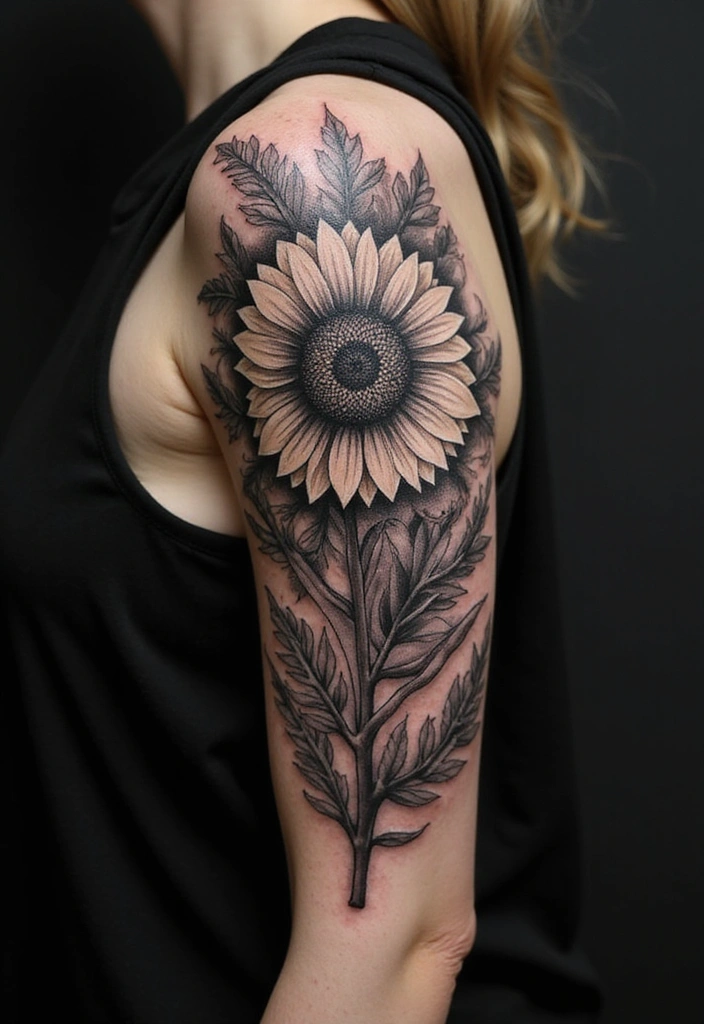 28 Black and Grey Sleeve Tattoos That Look Bold and Realistic - 6. Majestic Sunflower