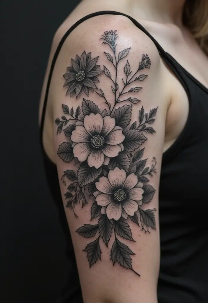 28 Black and Grey Sleeve Tattoos That Look Bold and Realistic - 7. Vintage Floral Arrangement