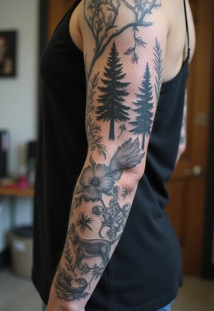 28 Black and Grey Sleeve Tattoos That Look Bold and Realistic - 8. Nature-Inspired Sleeve