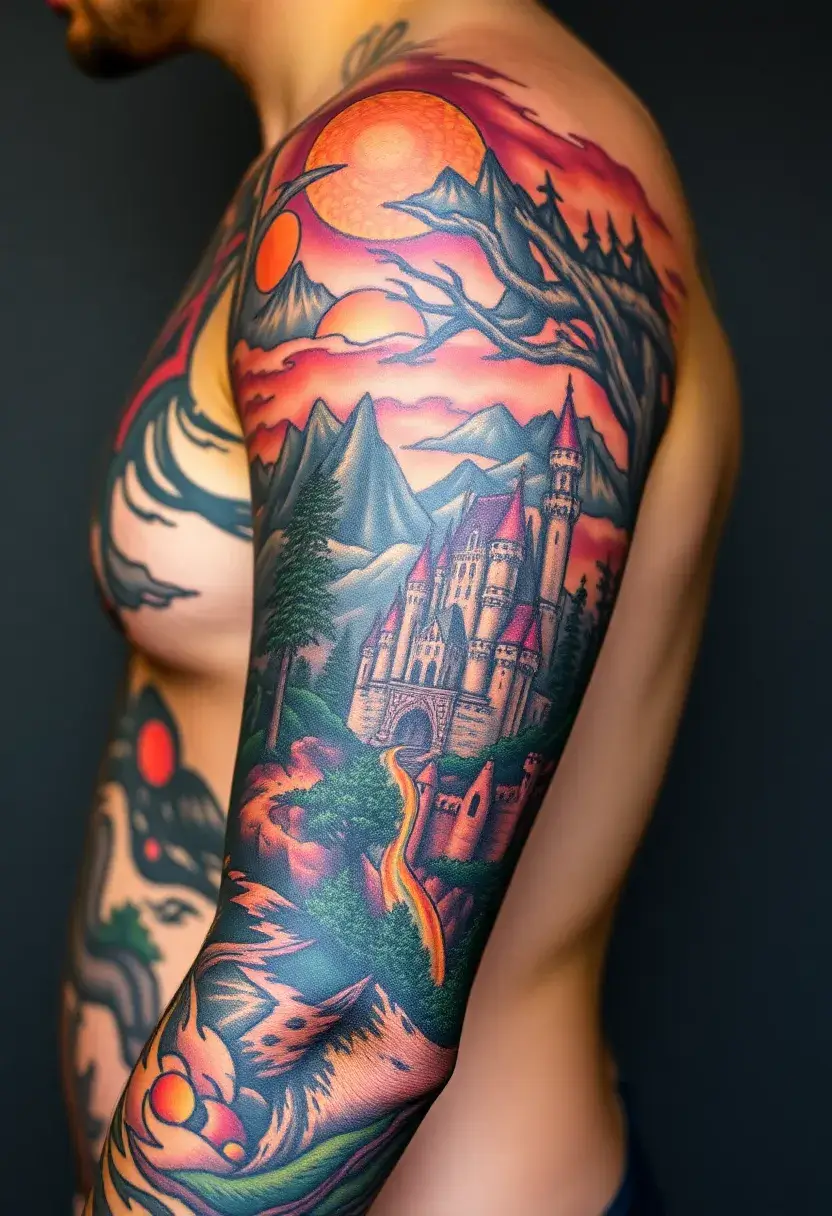 28 Full Sleeve Tattoos for Men That Command Attention - 23. Fantasy Landscapes