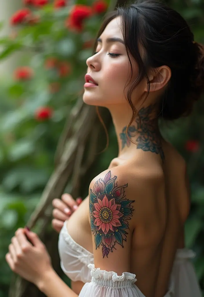 28 Side Neck Tattoos Women Who Like Edgy Designs - 12. Floral Mandala for Spiritual Balance