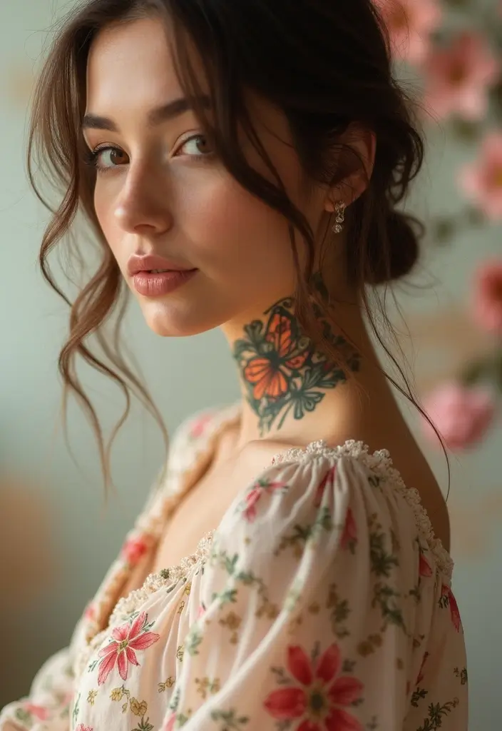28 Side Neck Tattoos Women Who Like Edgy Designs - 18. Butterfly and Flower Combinations