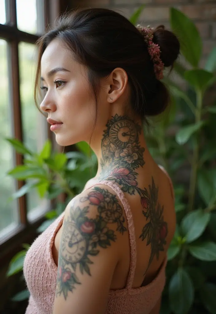 28 Side Neck Tattoos Women Who Like Edgy Designs - 20. Floral Clock Tattoo