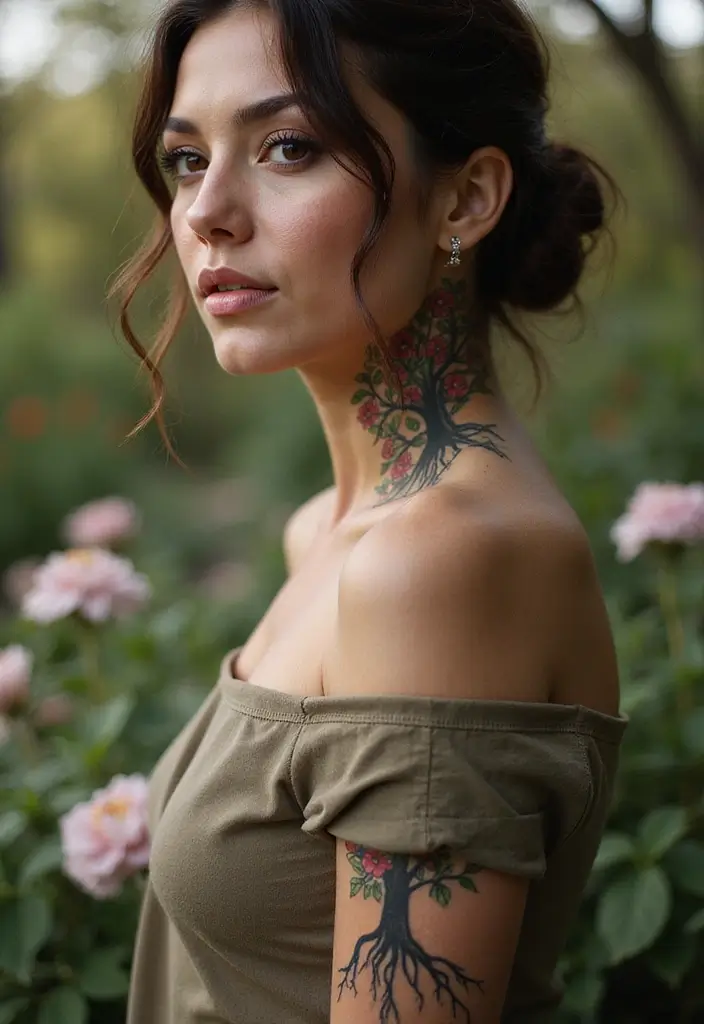 28 Side Neck Tattoos Women Who Like Edgy Designs - 27. Floral Tree of Life