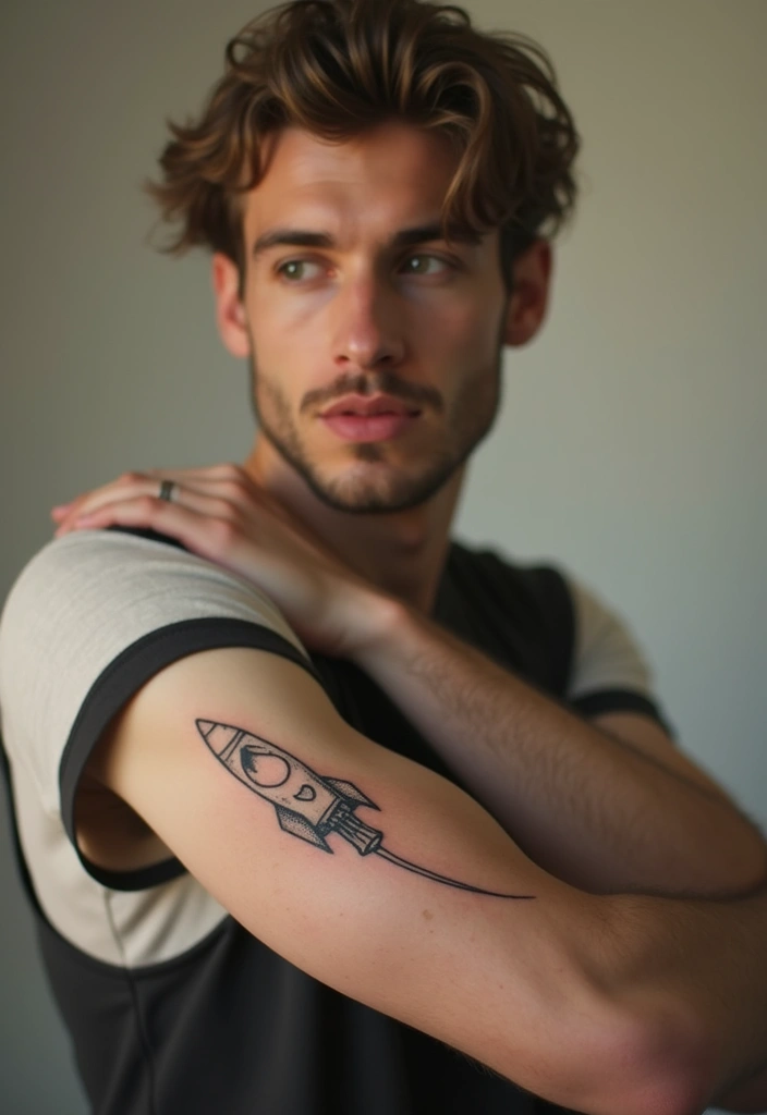 28 Unique Arm Tattoos for Men That Stand Out from the Crowd - 17. Minimalist Rocket