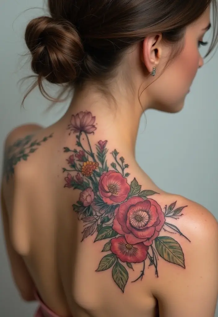 28 Western Spine Tattoos for Women with Cowboy Spirit - 12. The Wildflower Bouquet