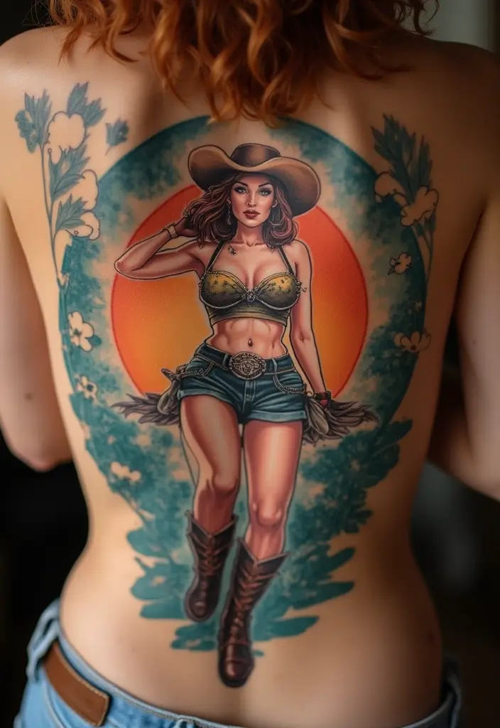 28 Western Spine Tattoos for Women with Cowboy Spirit - 27. The Vintage Pin-Up Cowgirl