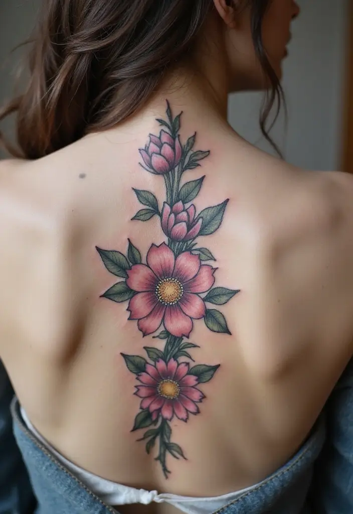 29 Delicate Spine Tattoos for Women Who Love - 1. Floral Flourish