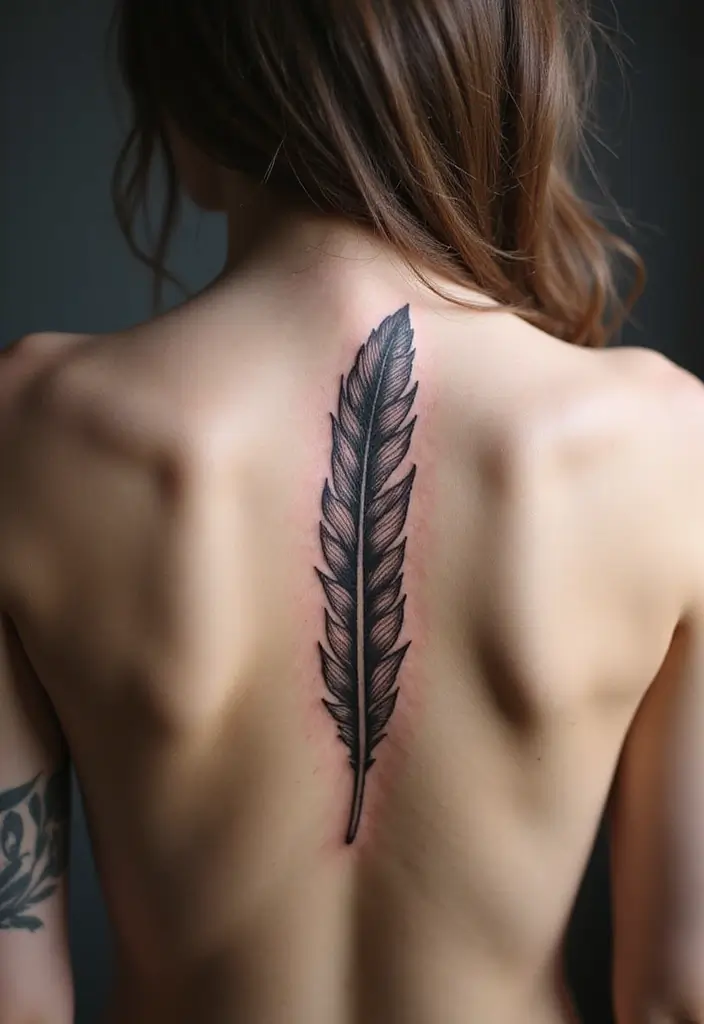 29 Delicate Spine Tattoos for Women Who Love - 12. Feather Tattoos