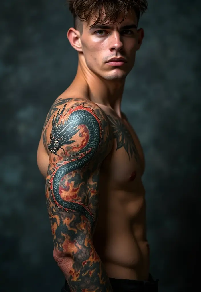 29 Dragon Sleeve Tattoos for Men That Symbolize Strength - 12. Dragon with Flames and Smoke