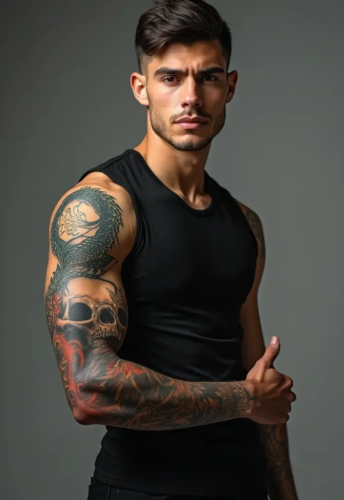 29 Dragon Sleeve Tattoos for Men That Symbolize Strength - 13. Dragon and Skull Fusion