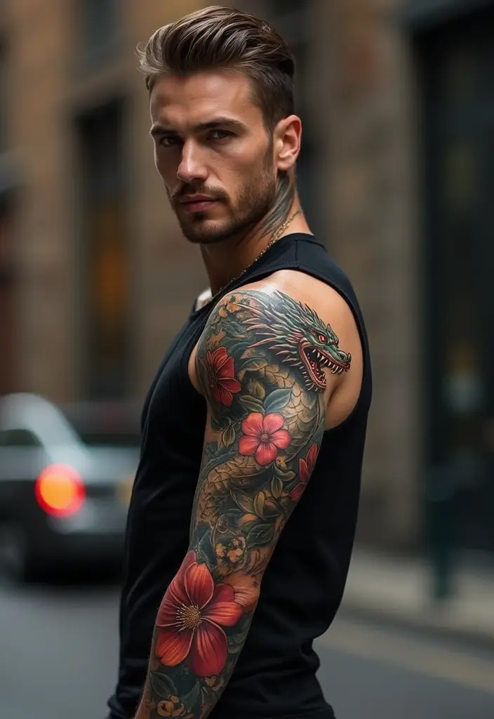29 Dragon Sleeve Tattoos for Men That Symbolize Strength - 15. Dragon with Flowers