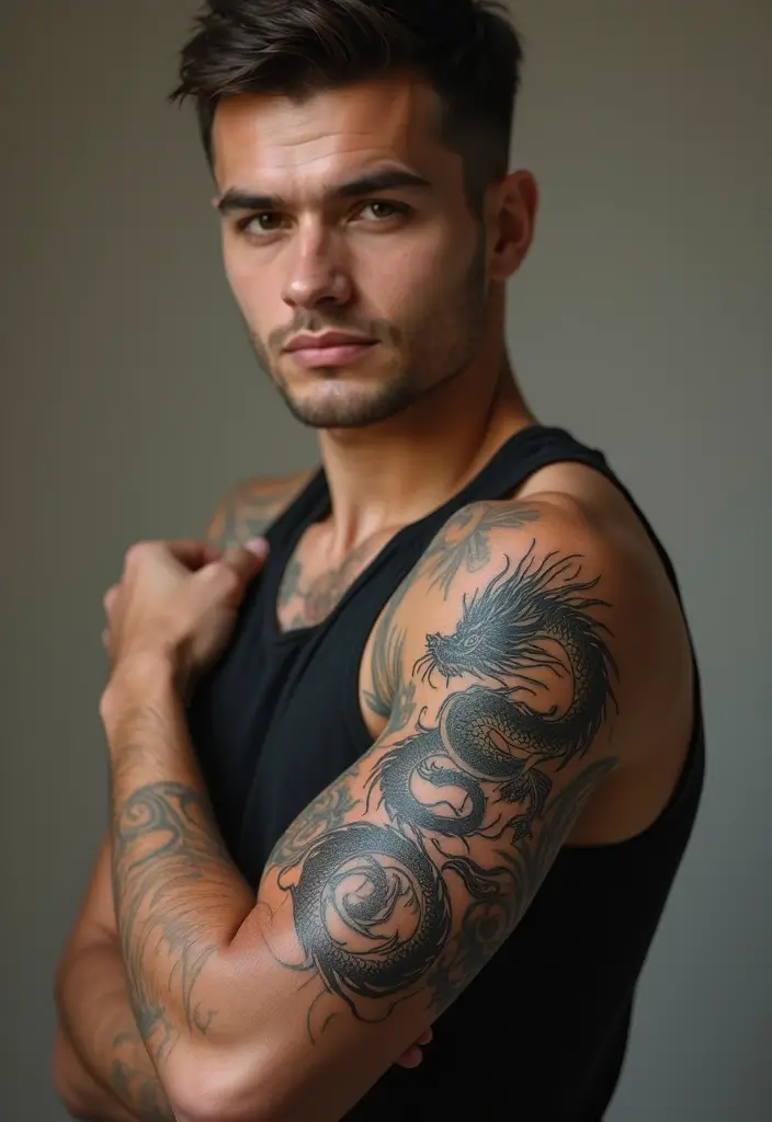 29 Dragon Sleeve Tattoos for Men That Symbolize Strength - 28. Dragon in a Circle