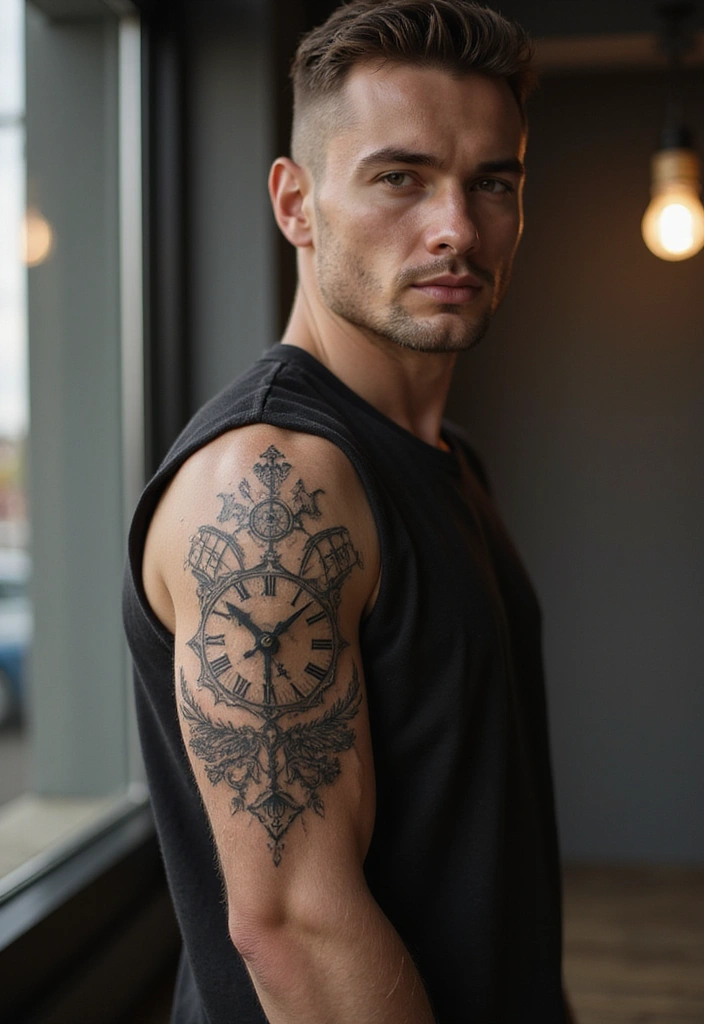 29 Large Arm Tattoos for Men That Capture Attention - 12. Geometric Clock Tattoos