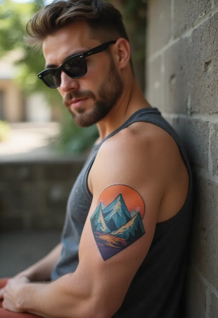 29 Large Arm Tattoos for Men That Capture Attention - 20. Geometric Mountain Scenes
