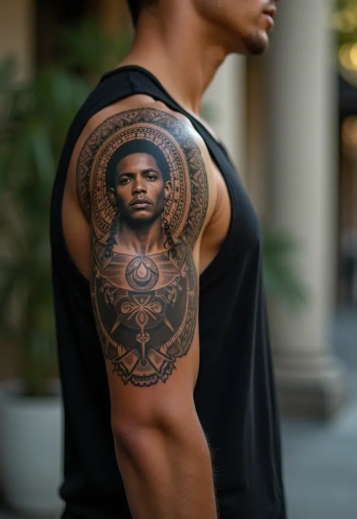 29 Large Arm Tattoos for Men That Capture Attention - 23. Geometric Patterns Surrounding a Central Figure