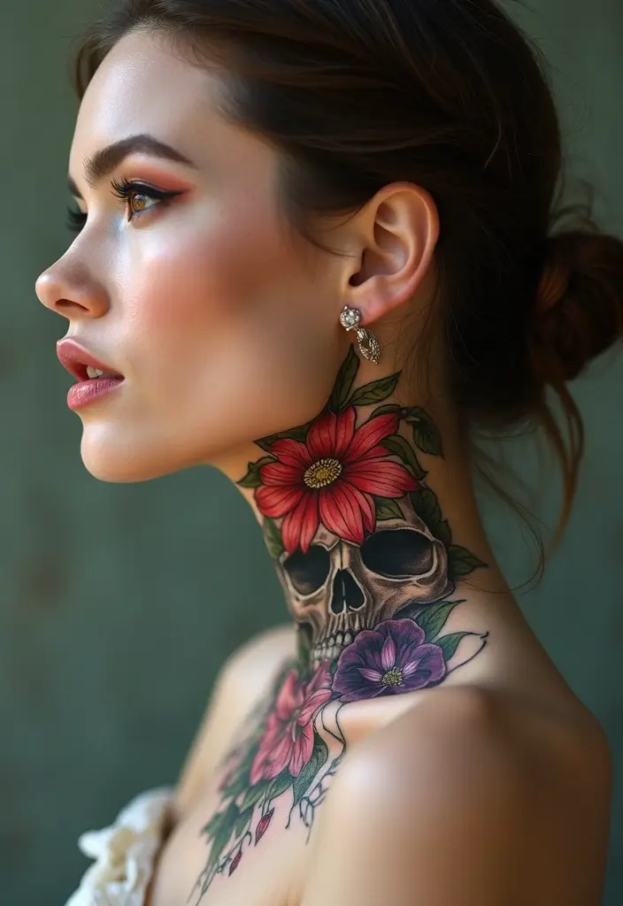 29 Throat Tattoos Women Wear as a Bold Fashion Statement - 13. Floral Skull Compositions