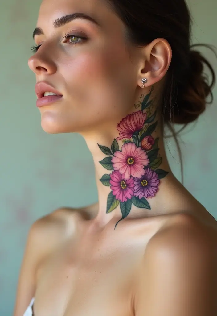 29 Throat Tattoos Women Wear as a Bold Fashion Statement - 19. Floral Personal Mantras
