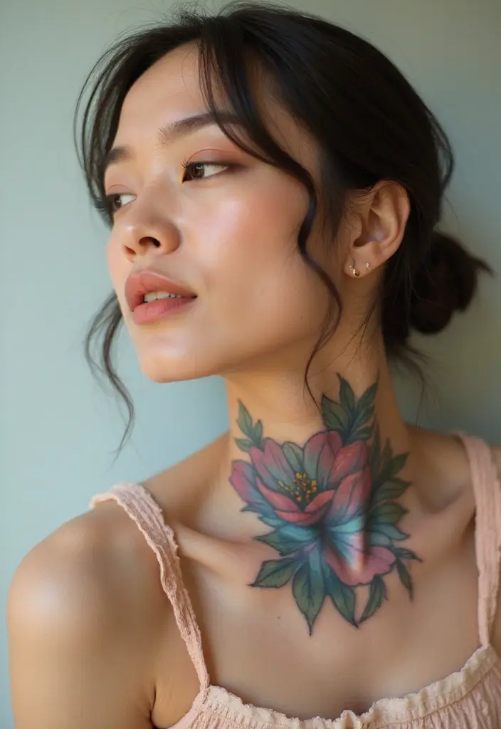 29 Throat Tattoos Women Wear as a Bold Fashion Statement - 21. Floral Gradient Tattoos