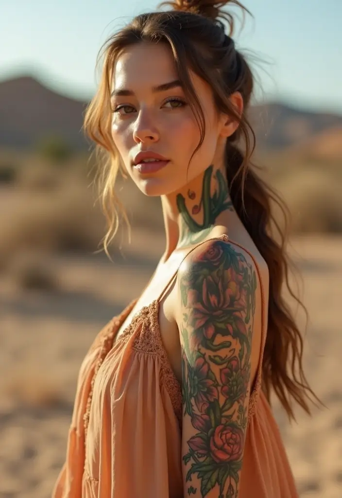 29 Throat Tattoos Women Wear as a Bold Fashion Statement - 22. Cacti and Floral Fusion