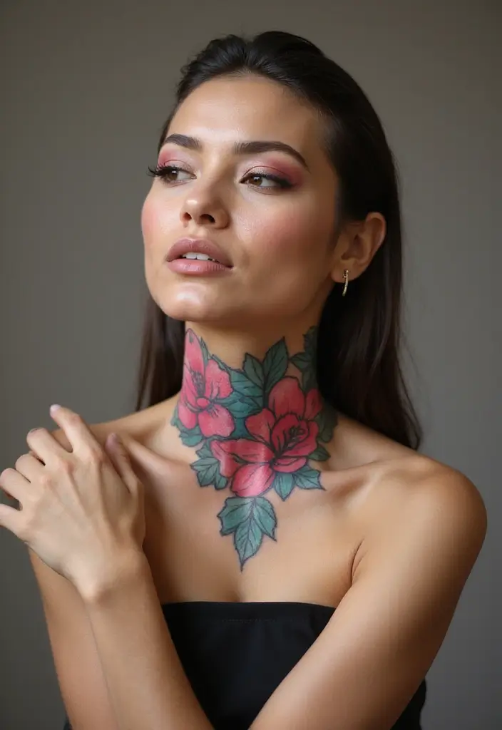 29 Throat Tattoos Women Wear as a Bold Fashion Statement - 25. Floral Body Art with Color Blocking