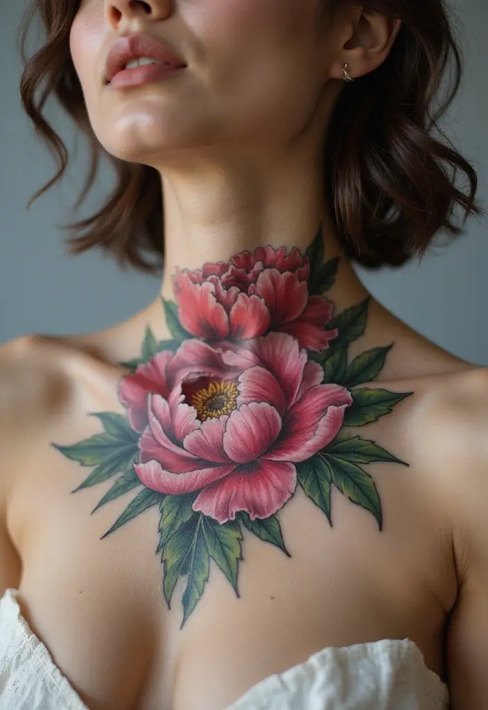 29 Throat Tattoos Women Wear as a Bold Fashion Statement - 29. Time-Honored Peony Flowers