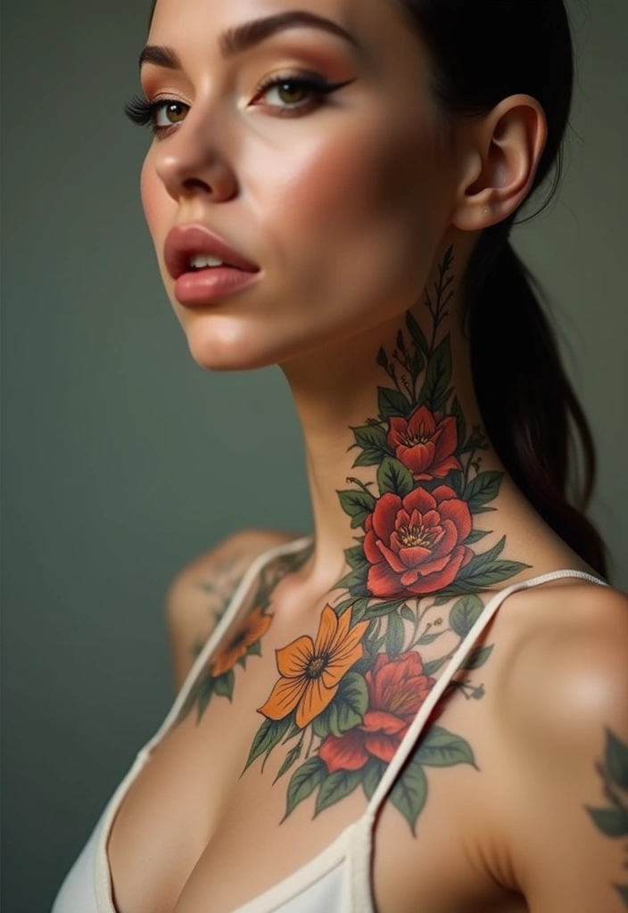 29 Throat Tattoos Women Wear as a Bold Fashion Statement - 9. Foliage and Florals