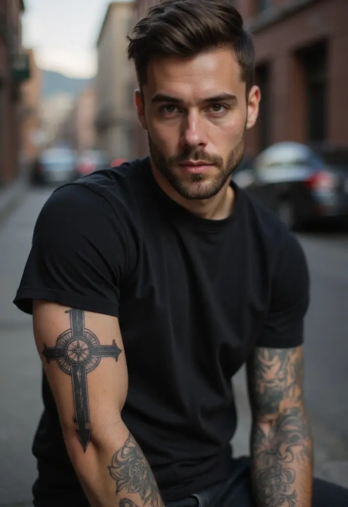 30 Cross Sleeve Tattoos for Men That Carry Deep Meaning - 14. Cross with a Compass