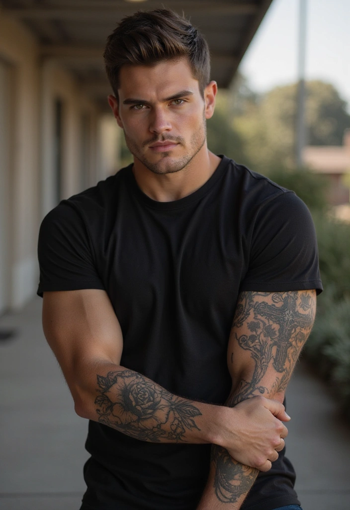 30 Cross Sleeve Tattoos for Men That Carry Deep Meaning - 25. Cross with a Rose