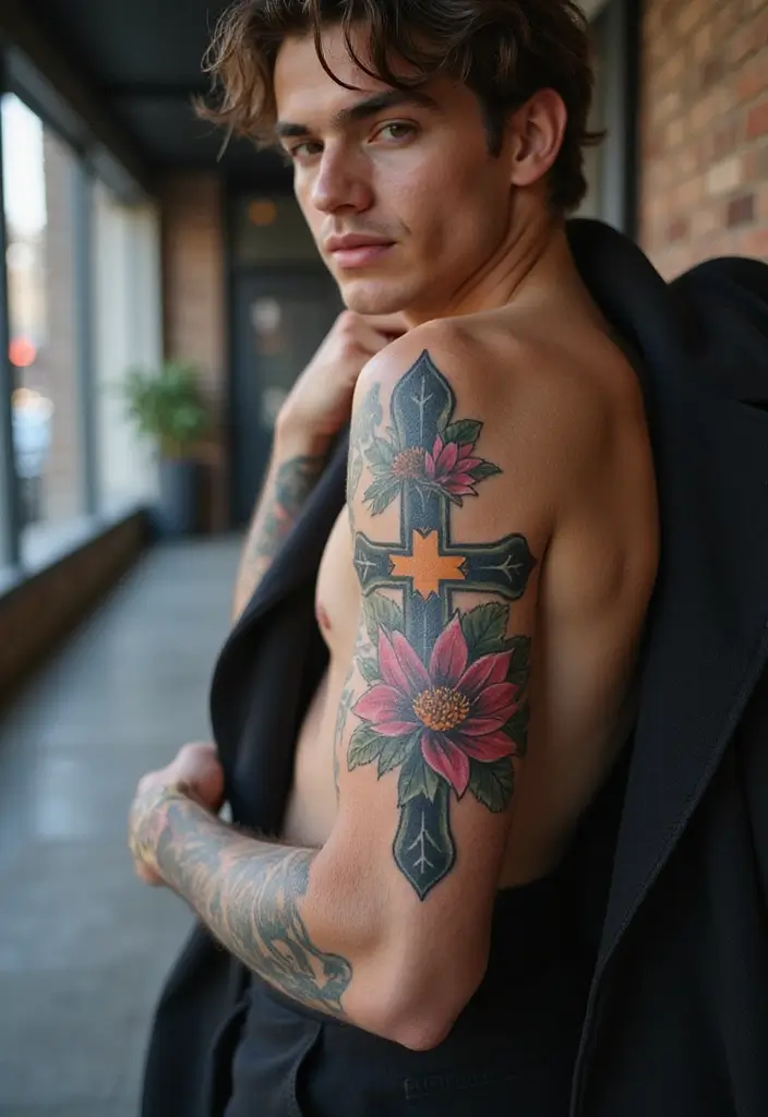30 Cross Sleeve Tattoos for Men That Carry Deep Meaning - 29. Cross with a Lotus Flower
